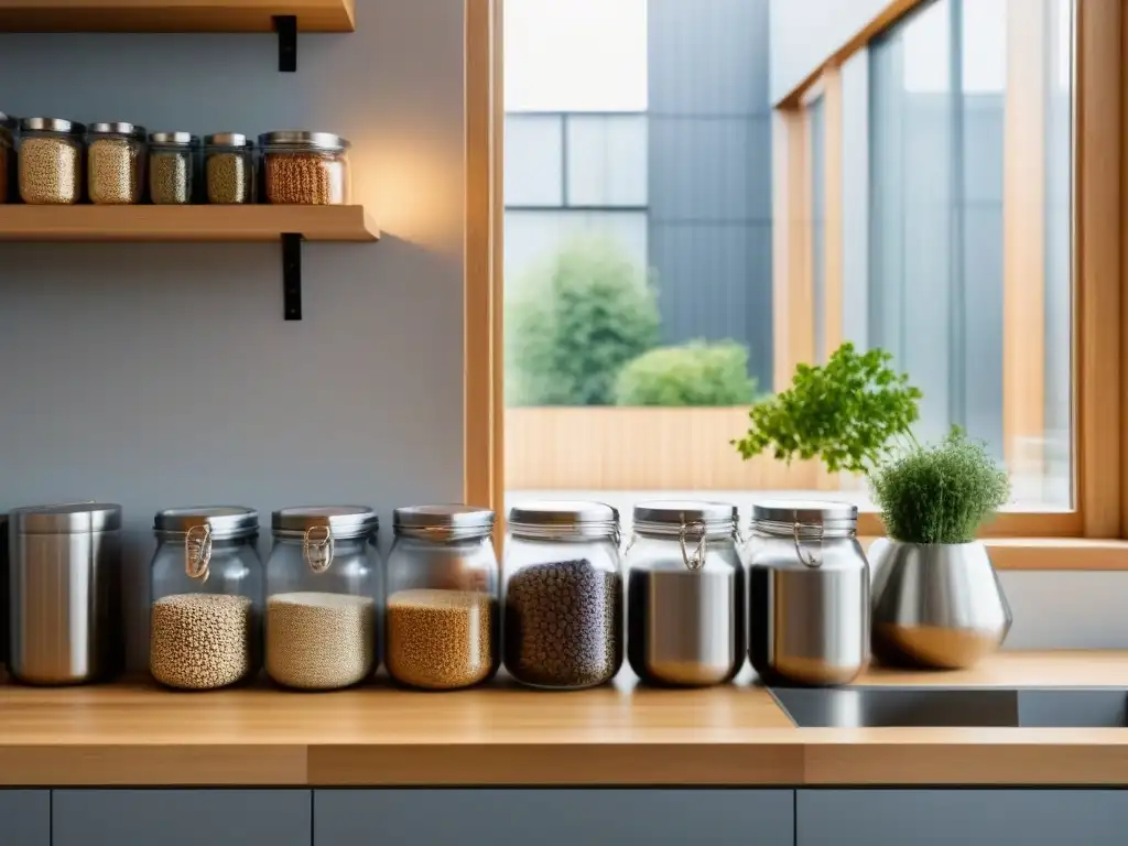 Cocina moderna y minimalista con utensilios ecológicos y alimentos a granel