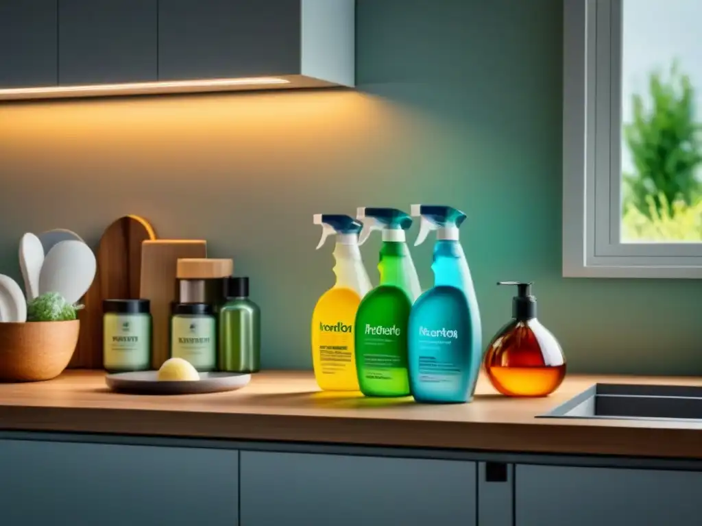 Moderna cocina eco-friendly: limpieza natural al sol Una cocina moderna con productos ecológicos sin químicos nocivos en el mostrador, iluminados por la luz solar