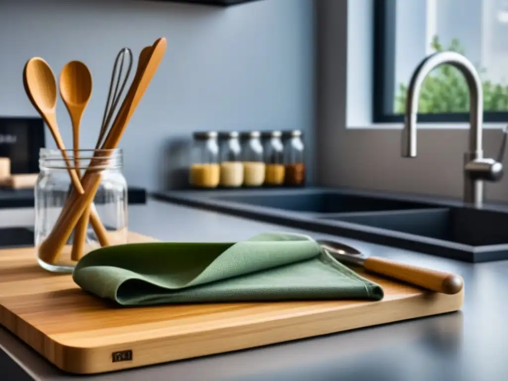 Una cocina moderna con utensilios de cocina ecológicos organizados en un elegante mostrador de bambú