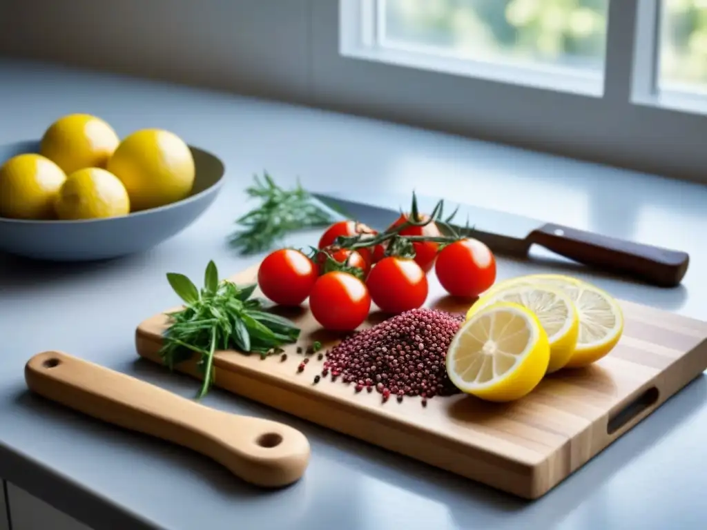 Una cocina serena con ingredientes vibrantes y frescos dispuestos en una tabla de cortar de madera