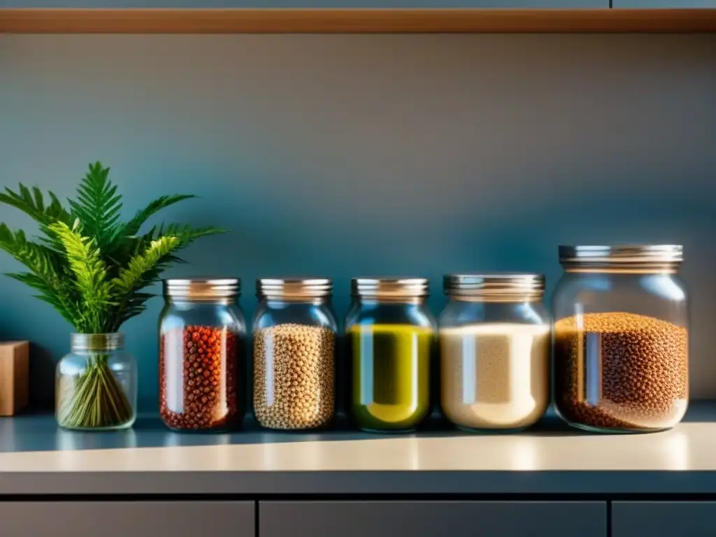 Una cocina serena y organizada, con botes reutilizables, contenedores de acero y una planta, reflejando los beneficios del Zero Waste en salud