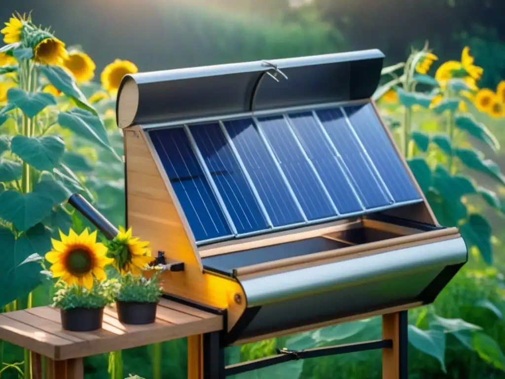 Una cocina solar moderna y sostenible de bambú y vidrio en un jardín verde con girasoles, capturando la esencia de la cocina solar recetas sostenibles