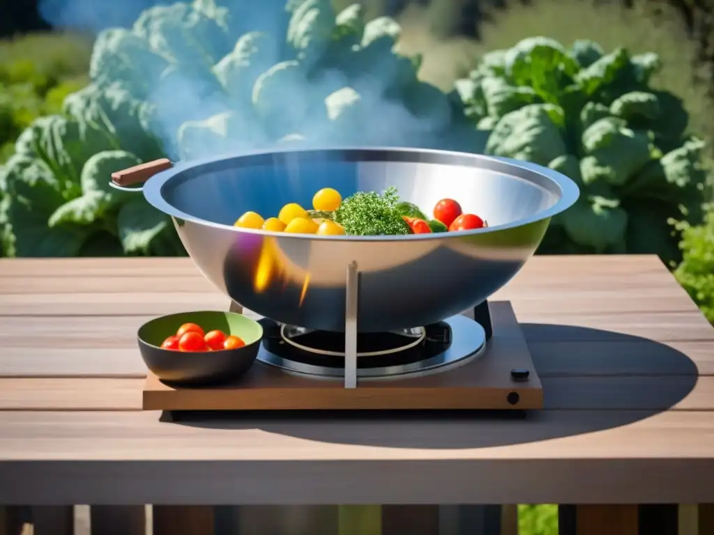 Cocina solar recetas sostenibles: Una moderna cocina solar en un deck de madera, con verduras vibrantes cocinándose al sol