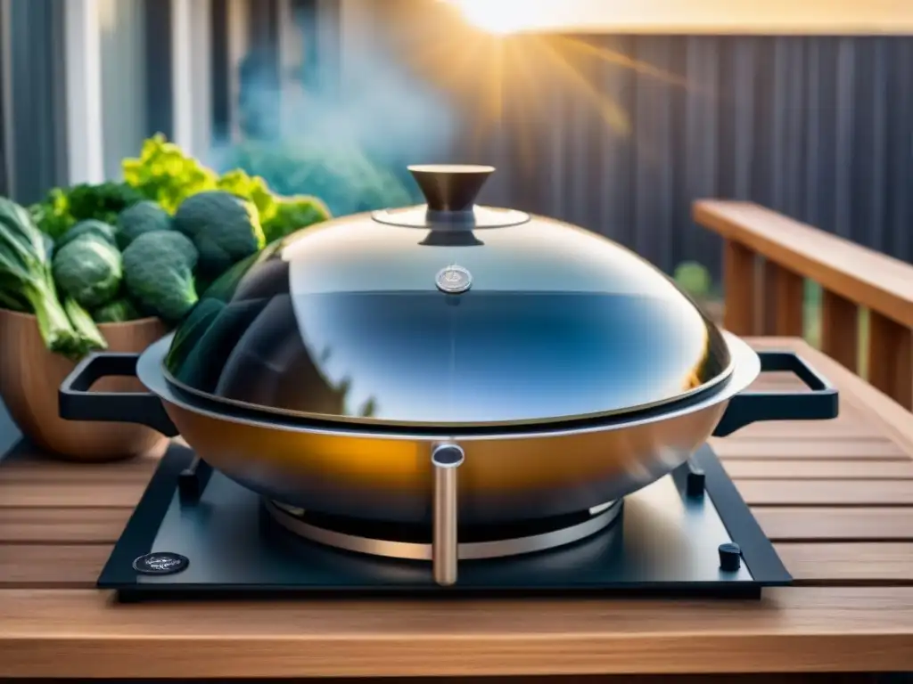 Cocina solar recetas sostenibles: Cocina moderna con un horno solar brillante preparando vegetales al vapor en una cocina minimalista