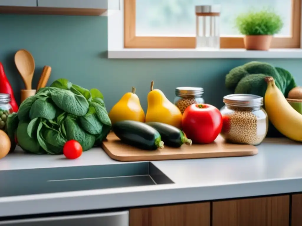 Cocina sostenible con alimentos frescos, utensilios de bamboo y bolsas reutilizables, transmitiendo tranquilidad y conciencia eco