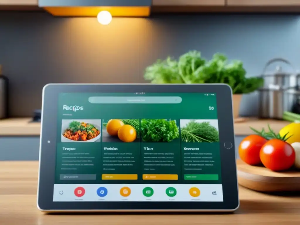 Cocina sostenible: App de planificación de comidas junto a ingredientes frescos y organizados, reflejando un ambiente ecofriendly y minimalista