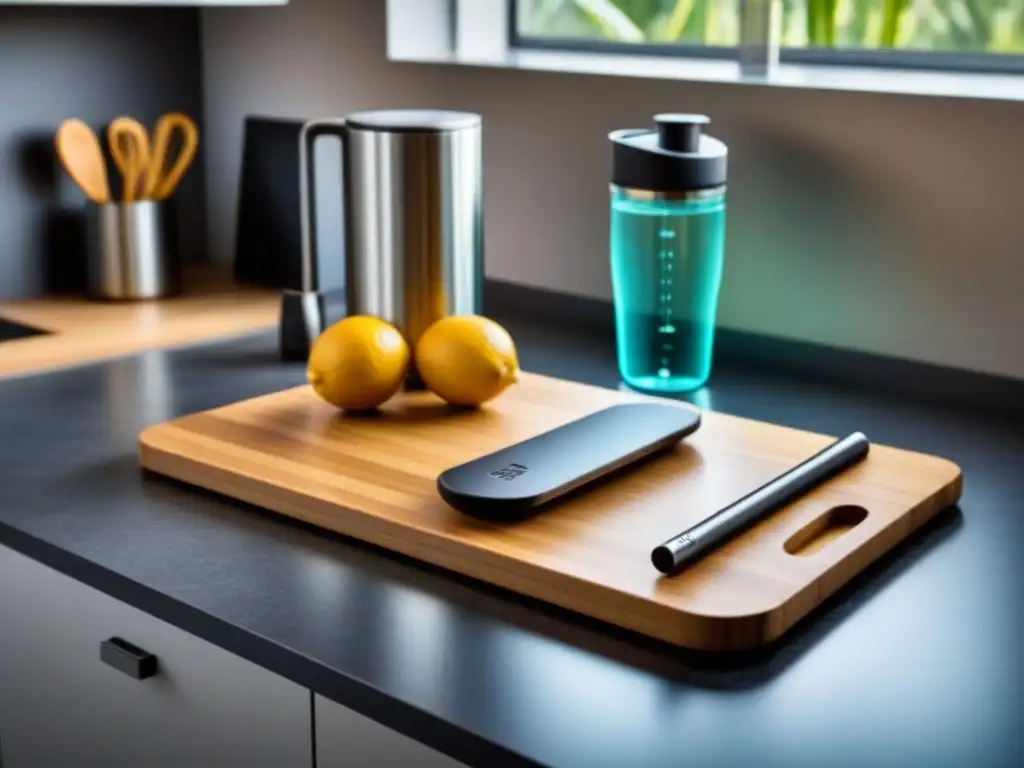 Cocina sostenible con gadgets ecológicos elegantes y organizados en luz natural