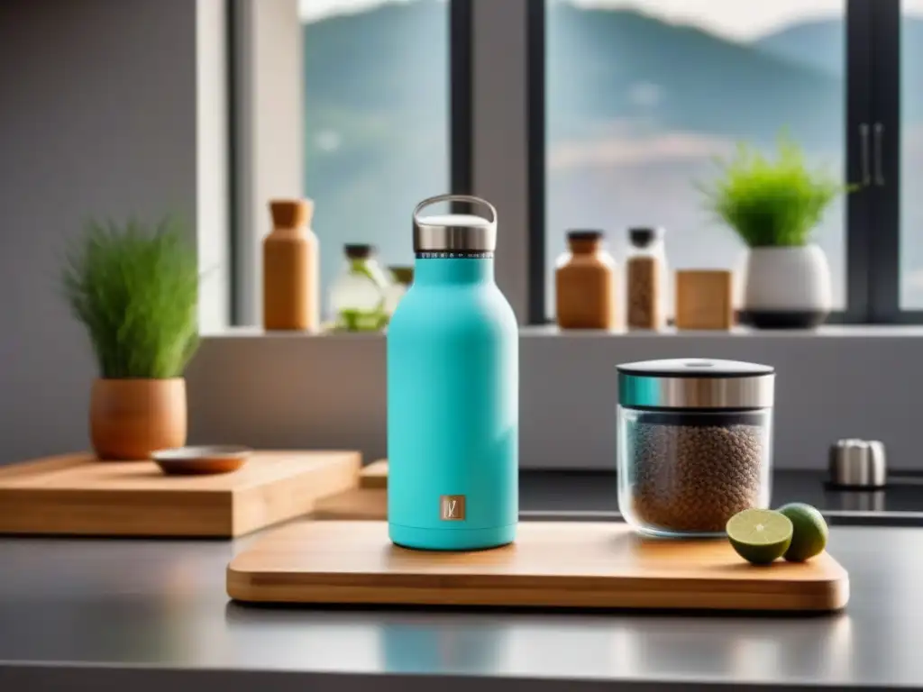 Cocina sostenible con gadgets ecológicos en un ambiente moderno y elegante