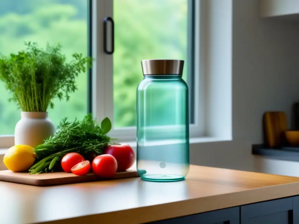 Una cocina sostenible zero waste con productos orgánicos coloridos, botella de acero inoxidable y hierbas frescas en tabla de bambú