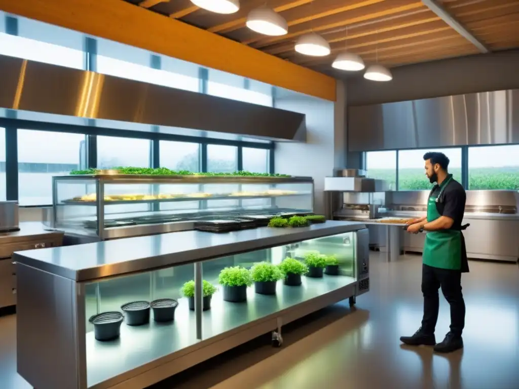 Cocina universitaria ecofriendly con alimentación sostenible para estudiantes y chefs preparando comidas vegetales