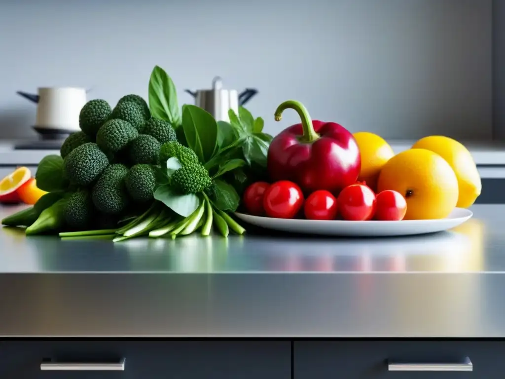 Una cocina vibrante con frutas y verduras frescas, reducir desperdicio alimentos estrategias