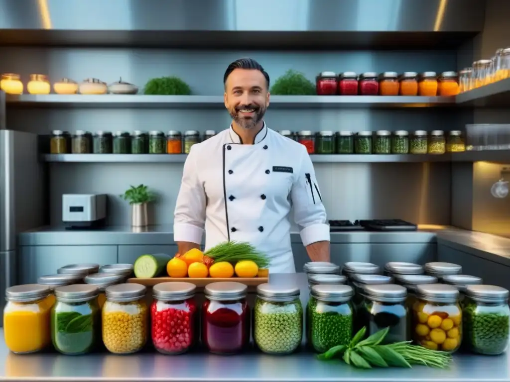 Un cocinero en una cocina profesional zero waste, con estantes organizados y productos frescos coloridos