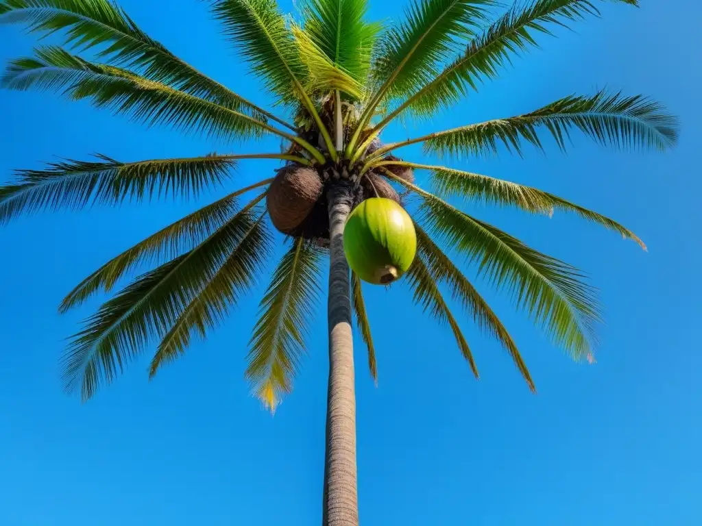 Un cocotero sostenible y sereno con un coco maduro, en armonía con el cielo azul