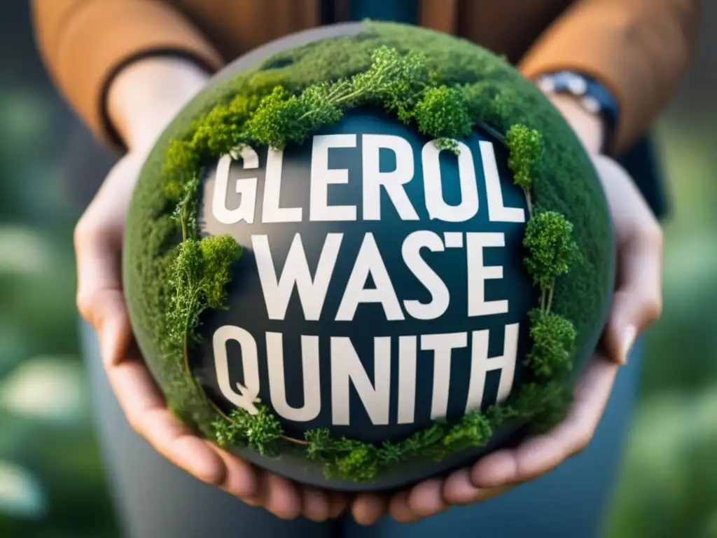 Colaboración global en movimiento Zero Waste: red de símbolos de reciclaje y compostaje formando un globo, en estilo minimalista y tonos terrosos