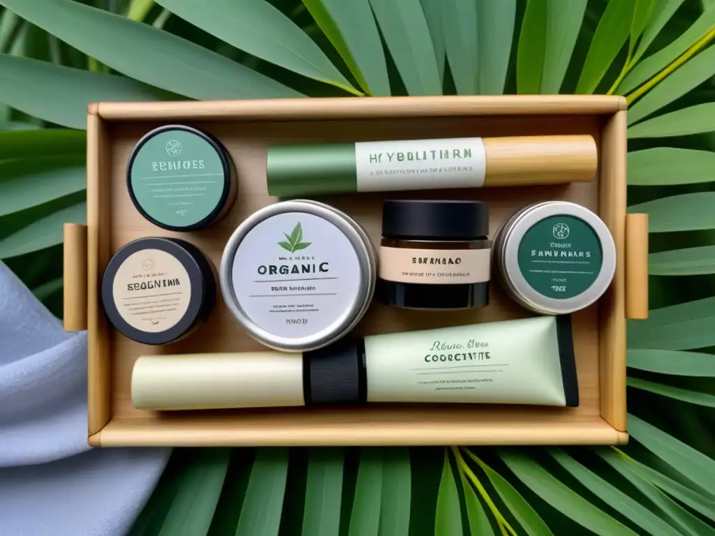 Una colección de cosméticos naturales zero waste en un elegante diseño minimalista, con productos hechos a mano sobre una bandeja de bambú sostenible