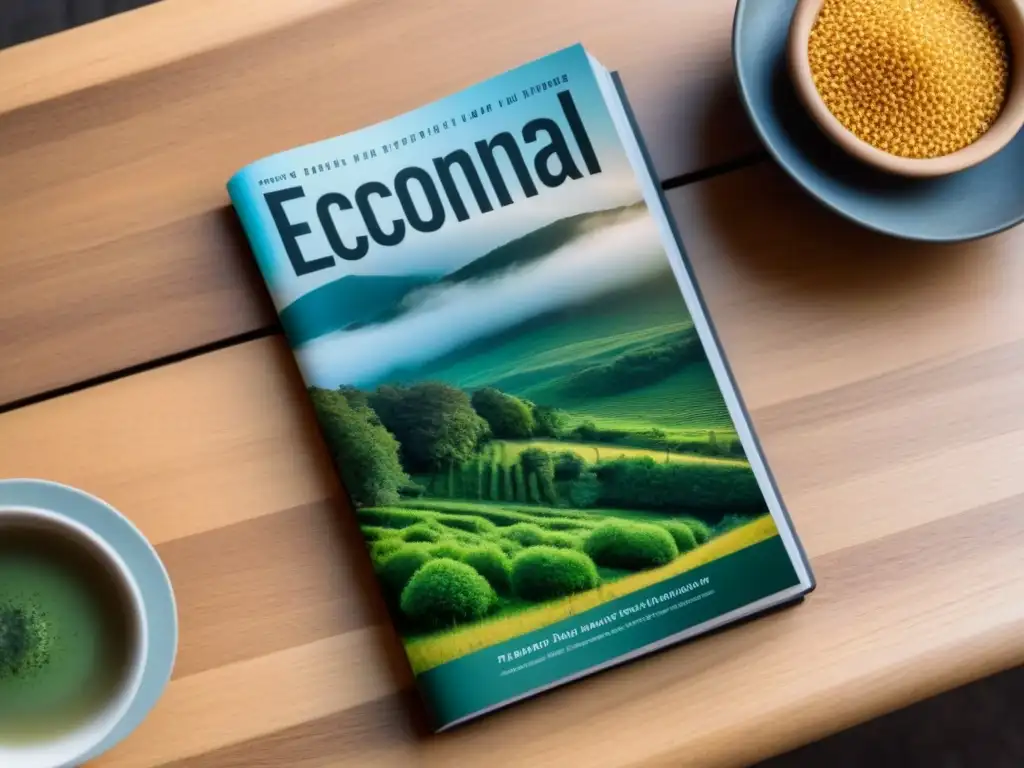 Revistas ecológicas: portadas vibrantes y diseño natural Una colección diversa de revistas ecológicas, con diseños inspirados en la naturaleza, sobre una mesa de madera