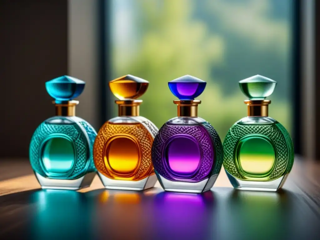 Una colección de elegantes frascos de perfume de vidrio, con diseños únicos y colores vibrantes