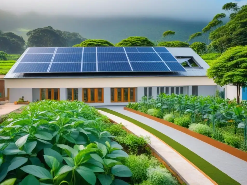 Un colegio moderno rodeado de vegetación, paneles solares y estudiantes practicando reciclaje