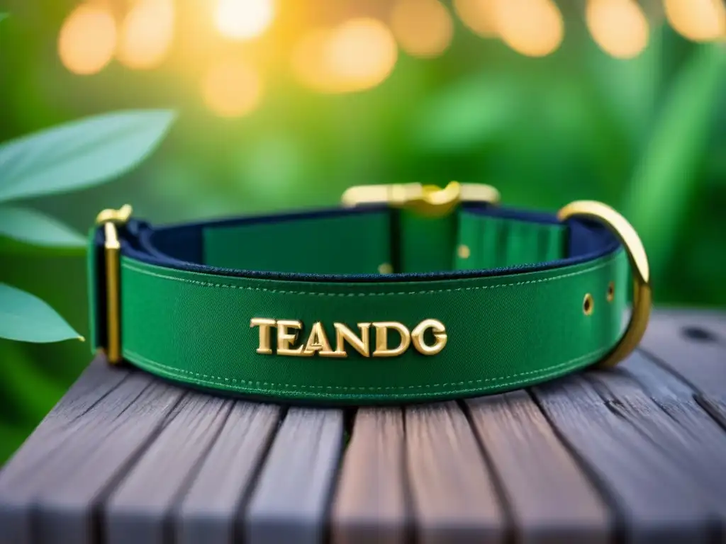 Collar de lujo ecofriendly para mascotas, con fibras de bambú sostenibles y detalles en hoja de oro, en un entorno de exuberante vegetación