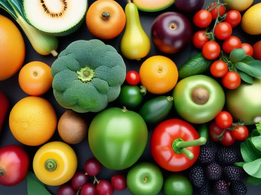 Una colorida y detallada selección de frutas y verduras orgánicas, inspirando un estilo de vida sostenible