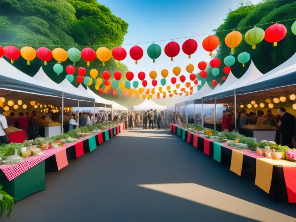 Una colorida feria comunitaria con decoraciones ecoamigables en 'celebraciones locales sostenibles'