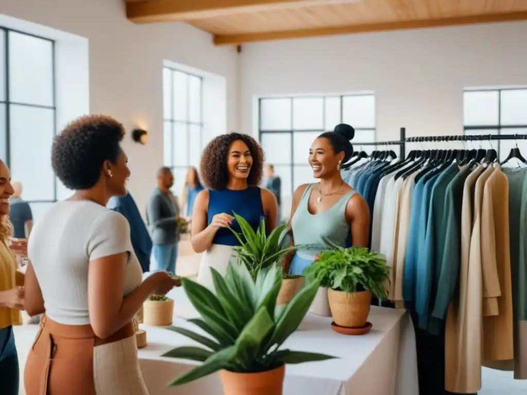 Una colorida reunión de personas intercambiando ropa en un evento sostenible, con un ambiente comunitario y ecofriendly