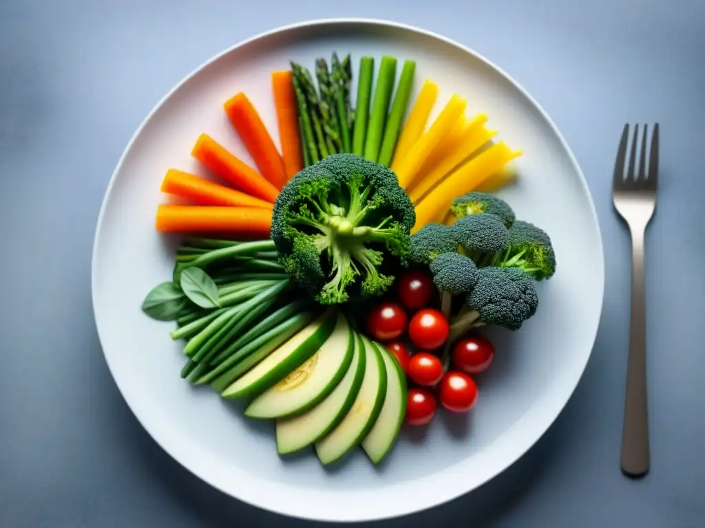 Una comida vegetal colorida y artística en plato blanco