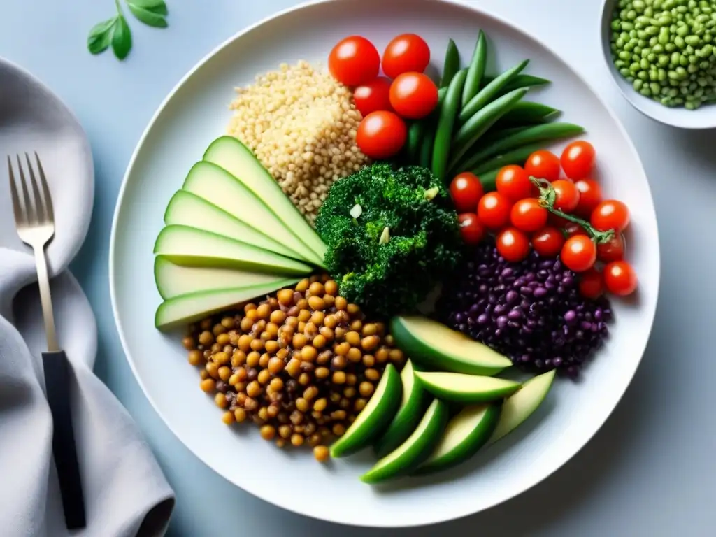 Una comida vegetal vibrante y detallada en un plato blanco moderno, resaltando los beneficios de la alimentación basada en plantas