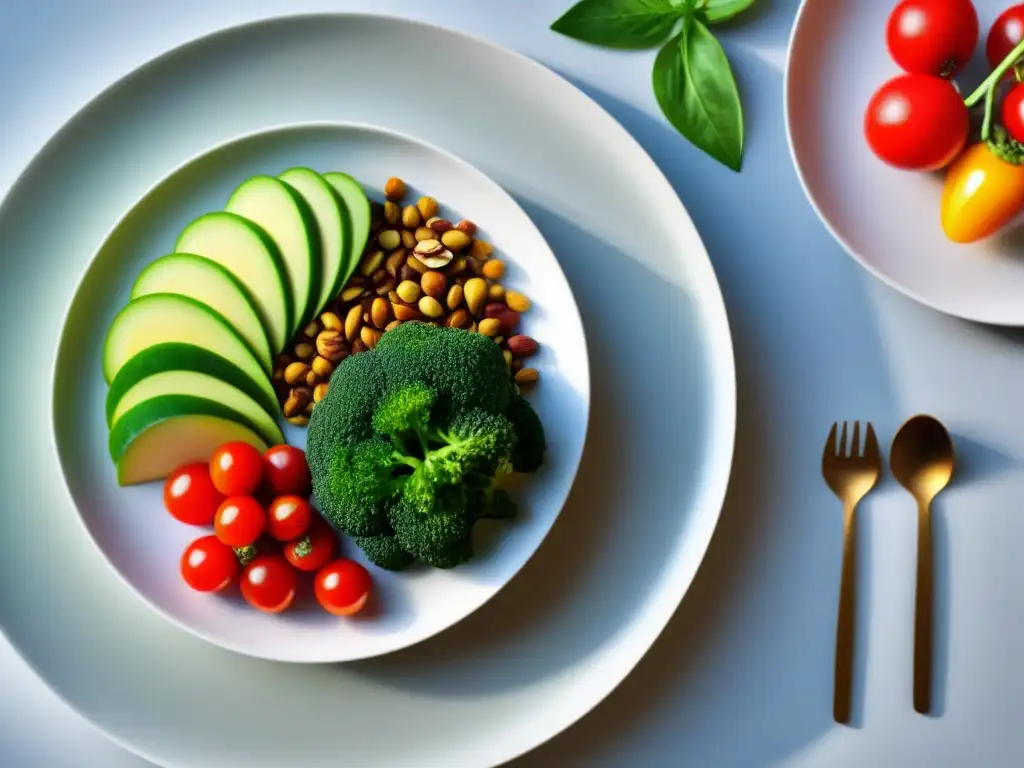 Una comida vegetal vibrante en un plato blanco moderno, resaltando beneficios dieta basada en plantas