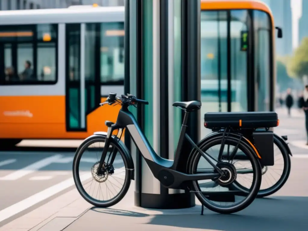 Comparativa bicicletas eléctricas vs transporte público: bicicleta eléctrica moderna junto a una parada de autobús urbana