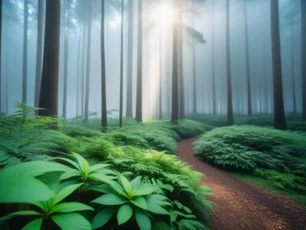 Comparativa pañales ecológicos desechables: Bosque verde con luz solar filtrándose entre las hojas, creando sombras suaves en el suelo del bosque