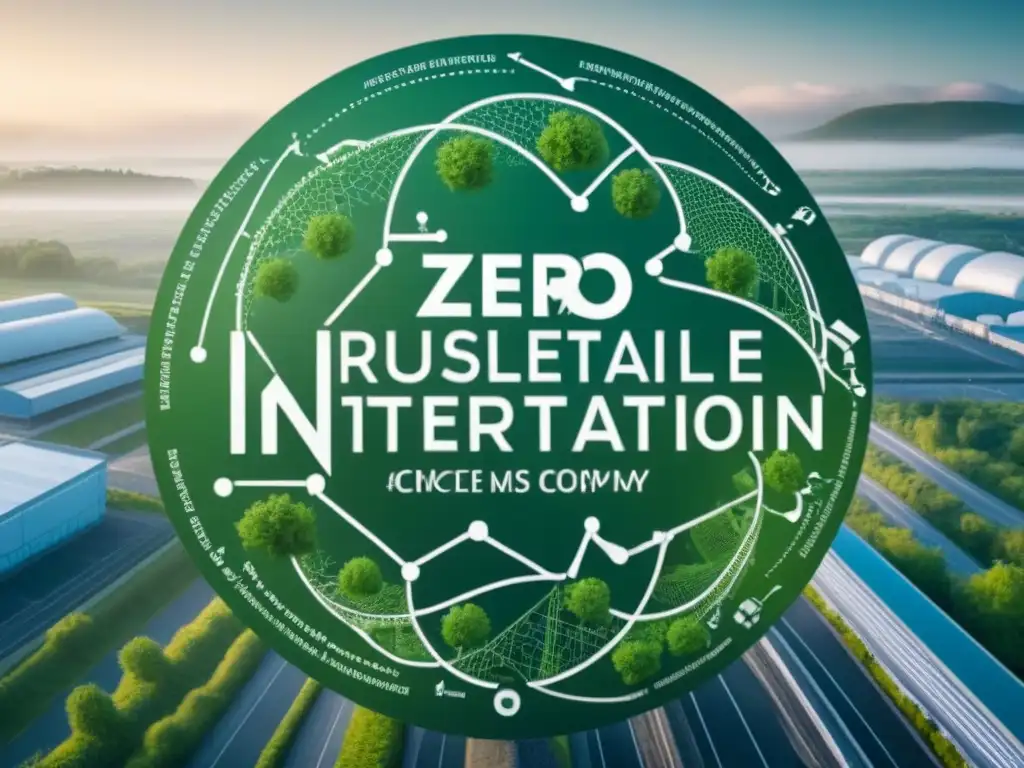 Compleja red de suministro zero waste: fábricas, rutas de transporte y plantas de reciclaje integradas en un diseño minimalista y sostenible