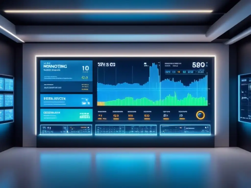 Un complejo sistema de monitoreo de alta tecnología que muestra niveles de almacenamiento de energía, alertas de seguridad y horarios de mantenimiento