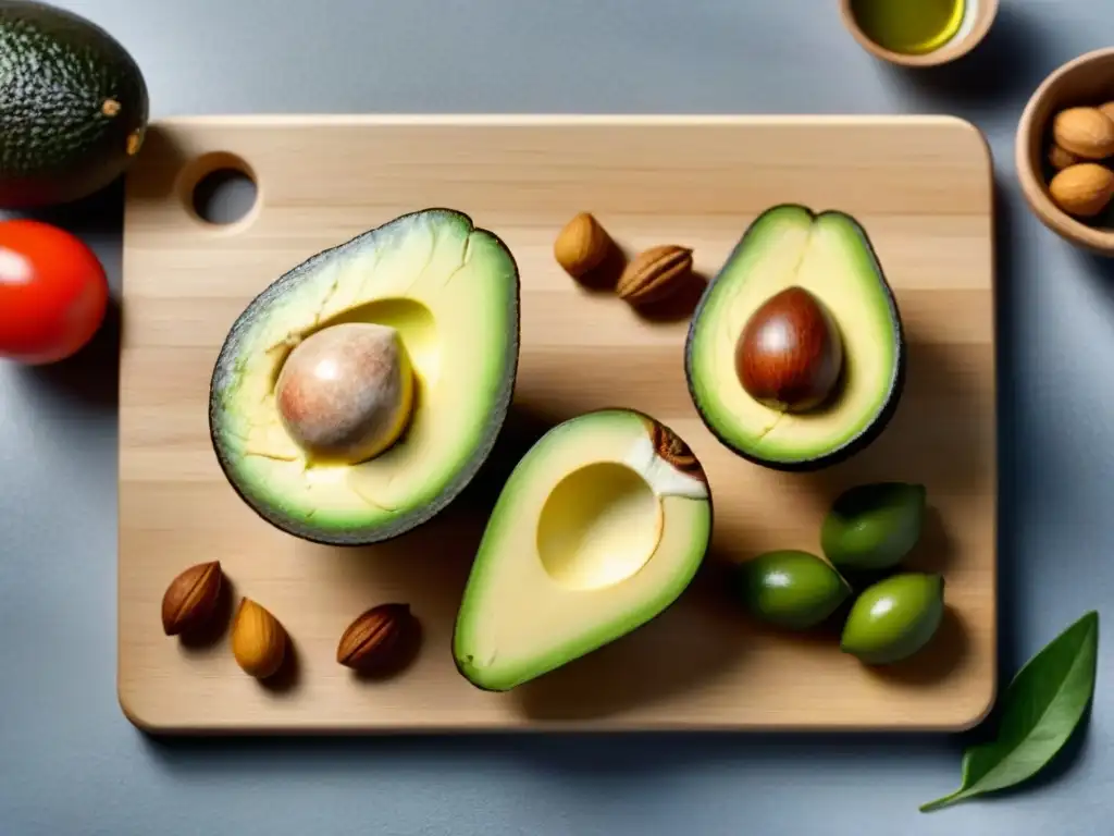 Una composición apacible de grasas saludables en una tabla de cortar de madera, simbolizando la importancia en una dieta sostenible