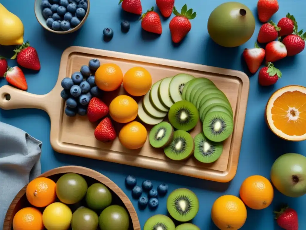 Una composición apetitosa y colorida de frutas frescas en una tabla de cortar de madera