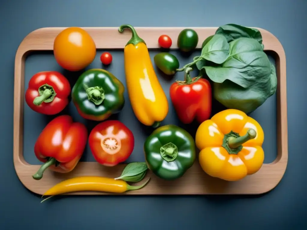 Una composición armoniosa de alimentos frescos y coloridos en tabla de madera