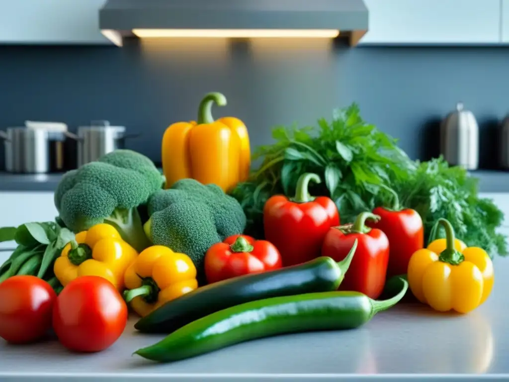 Una composición artística de vibrantes verduras recién cosechadas en una cocina moderna