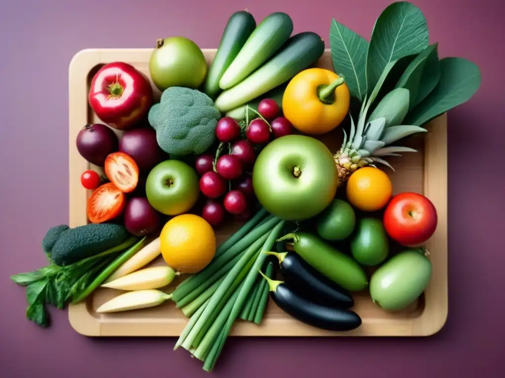 Una composición colorida de frutas y verduras frescas en una tabla de bambú, reflejando la alimentación zero waste cambio climático