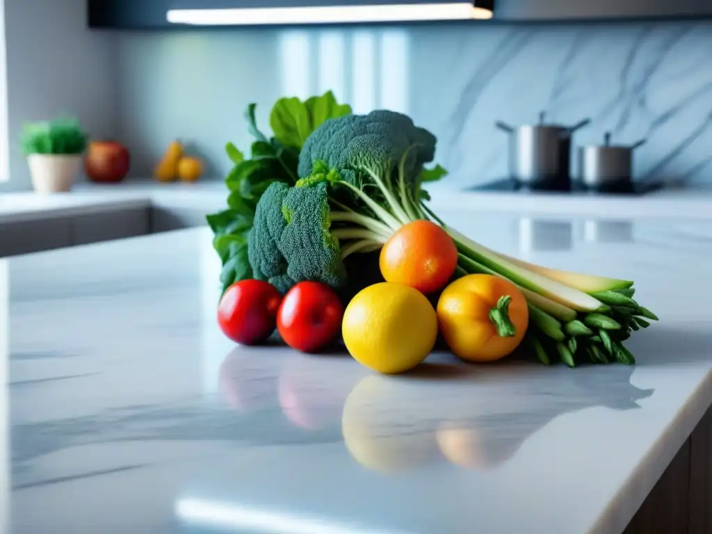 Una composición colorida de frutas y verduras frescas sobre mármol blanco