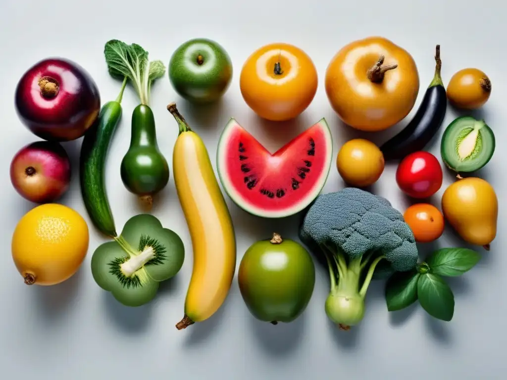 Diversidad vibrante de frutas y verduras: belleza natural Una composición minimalista de frutas y verduras vibrantes en un fondo blanco, resaltando la biodiversidad y el impacto de desperdiciar alimentos