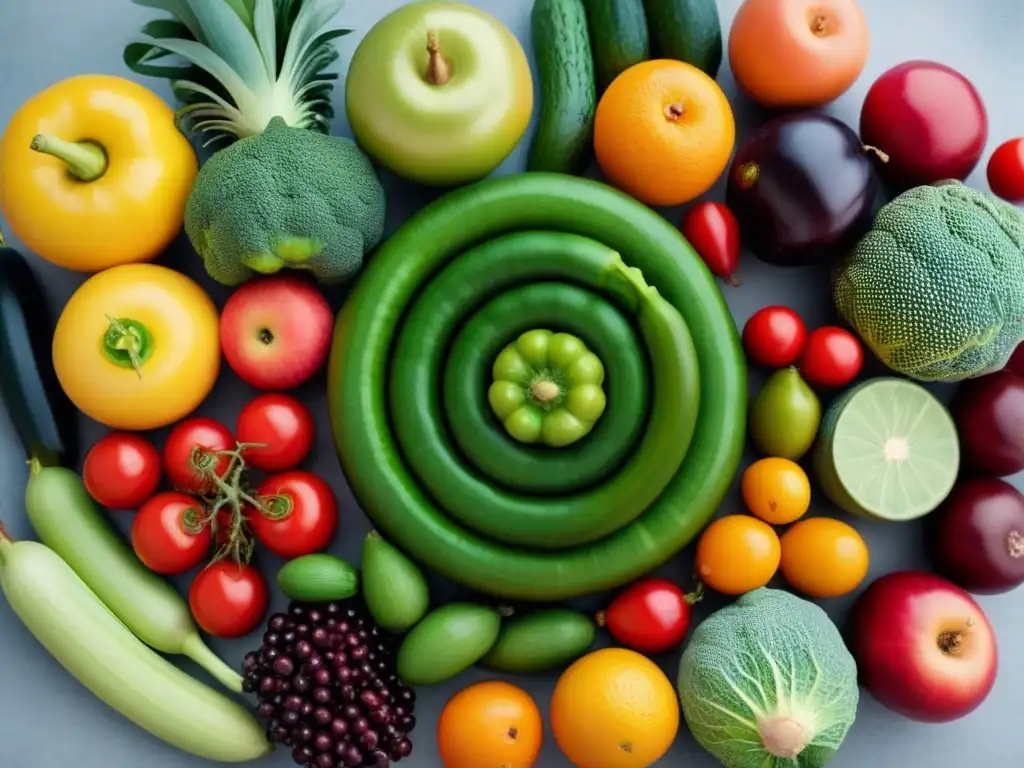 Una composición minimalista de frutas y verduras frescas en un patrón simétrico, resaltando su belleza natural