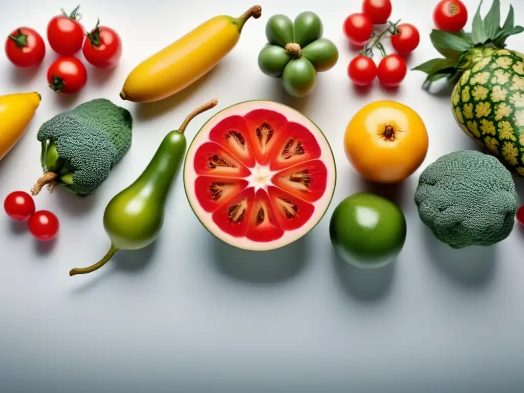 Una composición minimalista de frutas y verduras frescas, vibrantes y saludables, sin conservantes alimentarios efecto salud