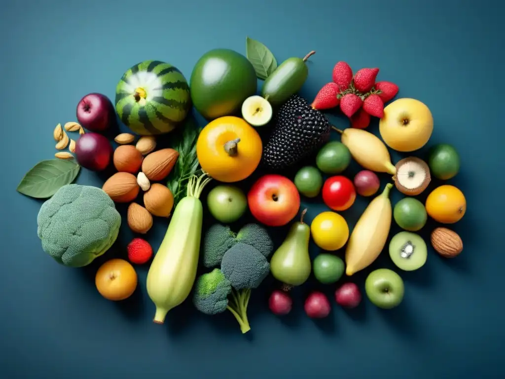 Una composición minimalista de frutas, verduras, frutos secos y semillas frescos y vibrantes