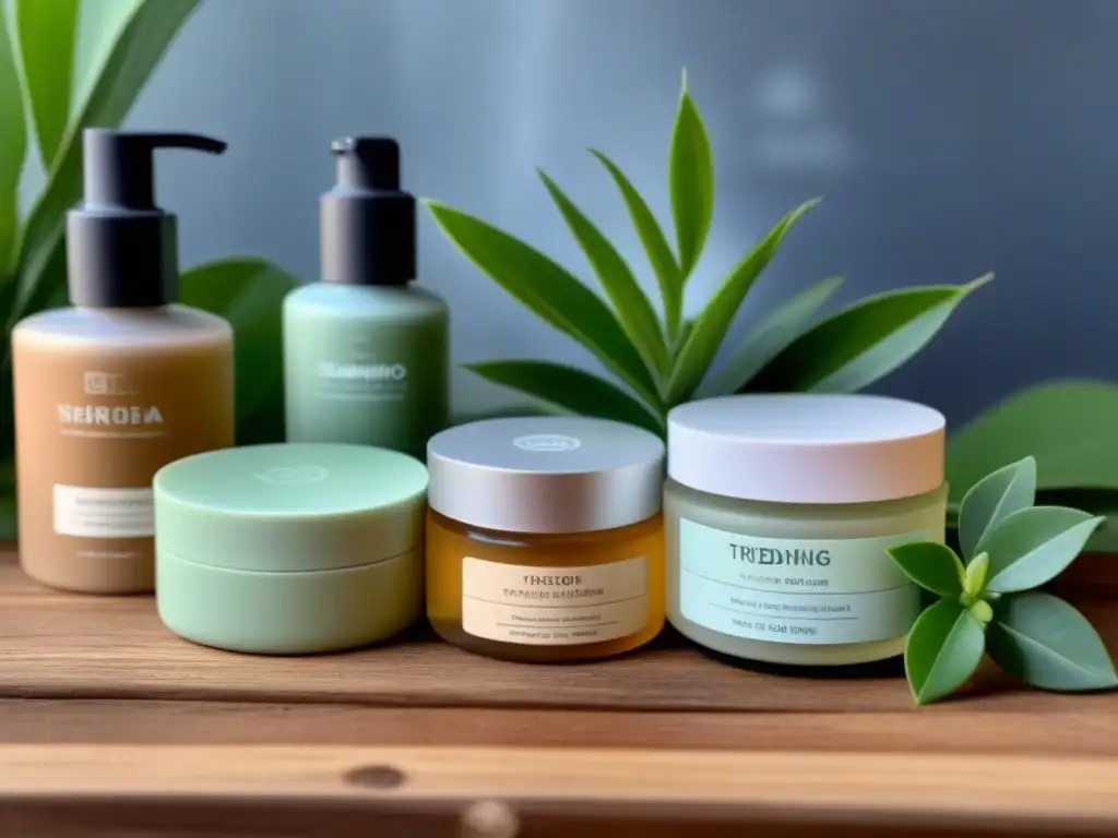 Una composición serena de beneficios cosméticos sólidos sostenibles en envases ecofriendly sobre madera natural, iluminados por luz natural