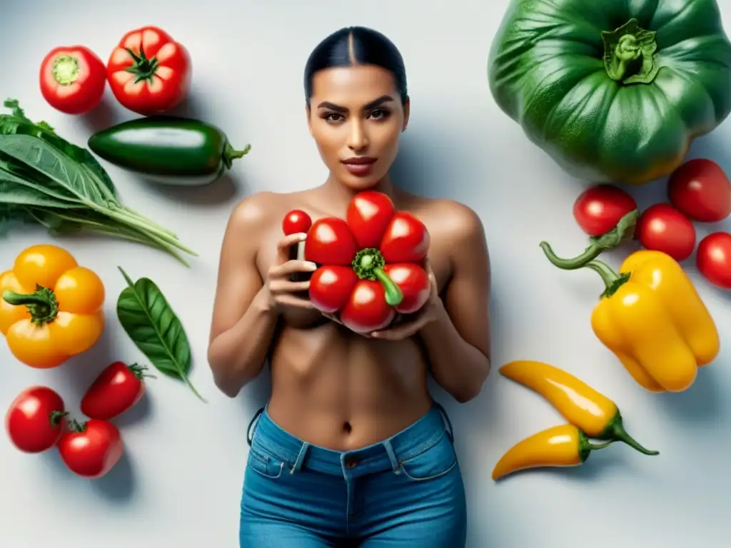 Armonía natural: variedad de productos frescos en fondo blanco Una composición serena y minimalista de productos frescos y coloridos sobre fondo blanco