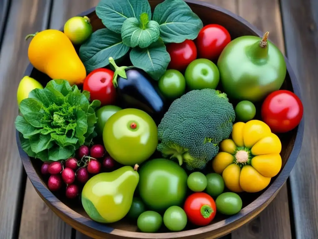 Una composición vibrante de frutas y verduras orgánicas en una mesa de madera rústica