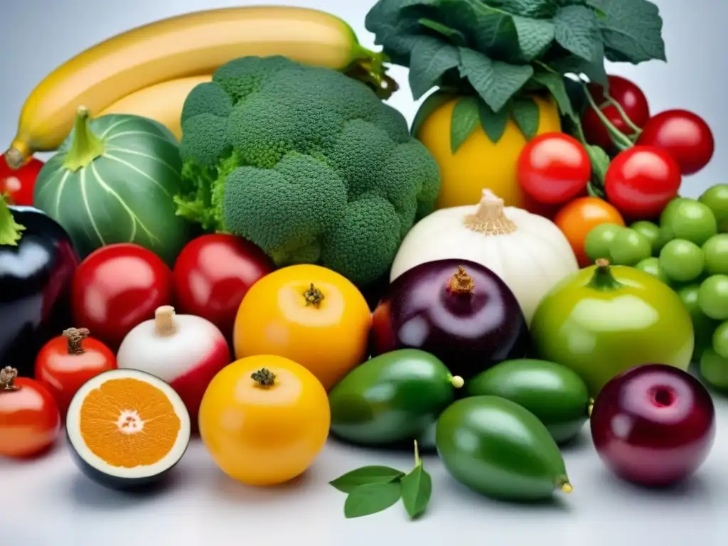 Una composición vibrante de frutas y verduras frescas con gotas de agua, sobre fondo blanco