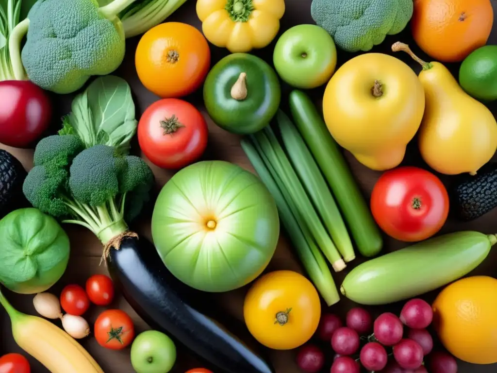 Una composición vibrante de frutas y verduras resalta la diversidad y belleza natural