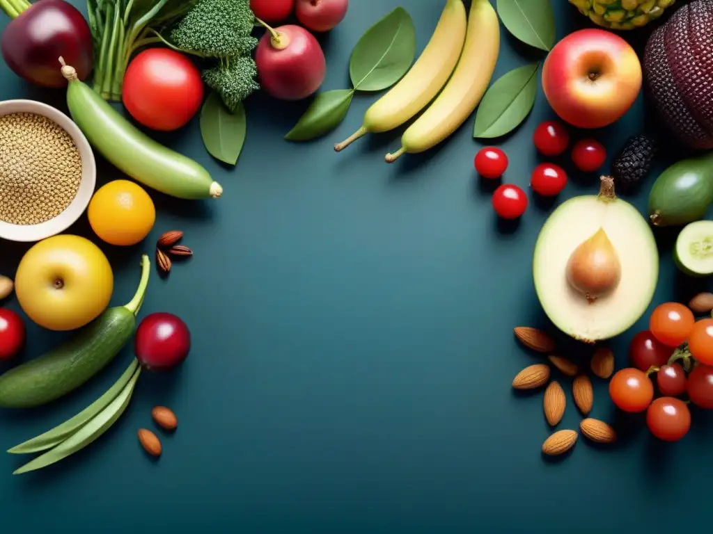 Una composición vibrante de frutas, verduras, frutos secos y semillas, mostrando la diversidad y frescura de una dieta basada en plantas