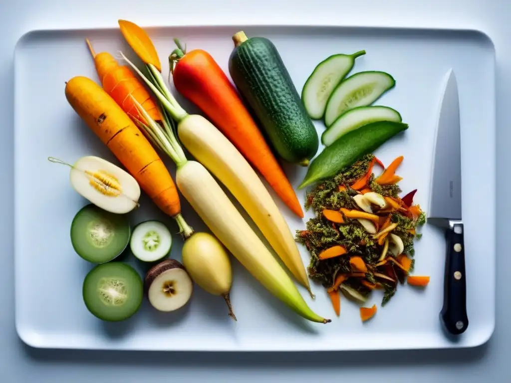 Una composición vibrante de restos de frutas y verduras en un tablero blanco, inspirando recetas para aprovechar sobras de alimentos